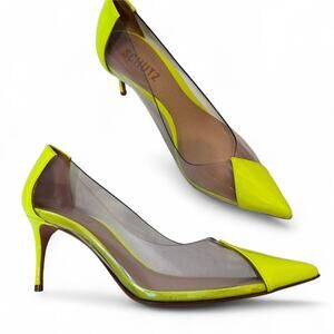 Schutz Lime Green Patent Leather Clear Plastic Pointed Toe Heels Women 7 Funky